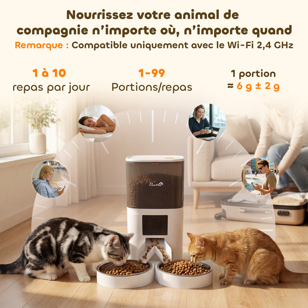 Distributeur Croquettes Chat Automatique 2 Animaux 6L Double Bol Inox WiFi Tuya App ABS 37x36x35cm Blanc-3