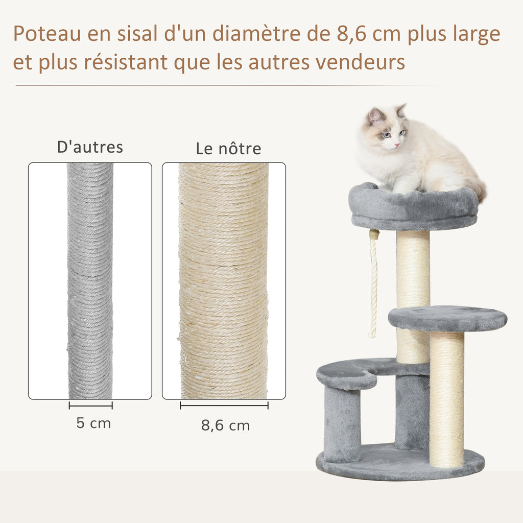 Arbre à chats 2 griffoirs grattoirs sisal naturel 3 plateformes corde à grimper dim. Ø 40 x 65H cm peluche haute densité 500 g/m² gris-5