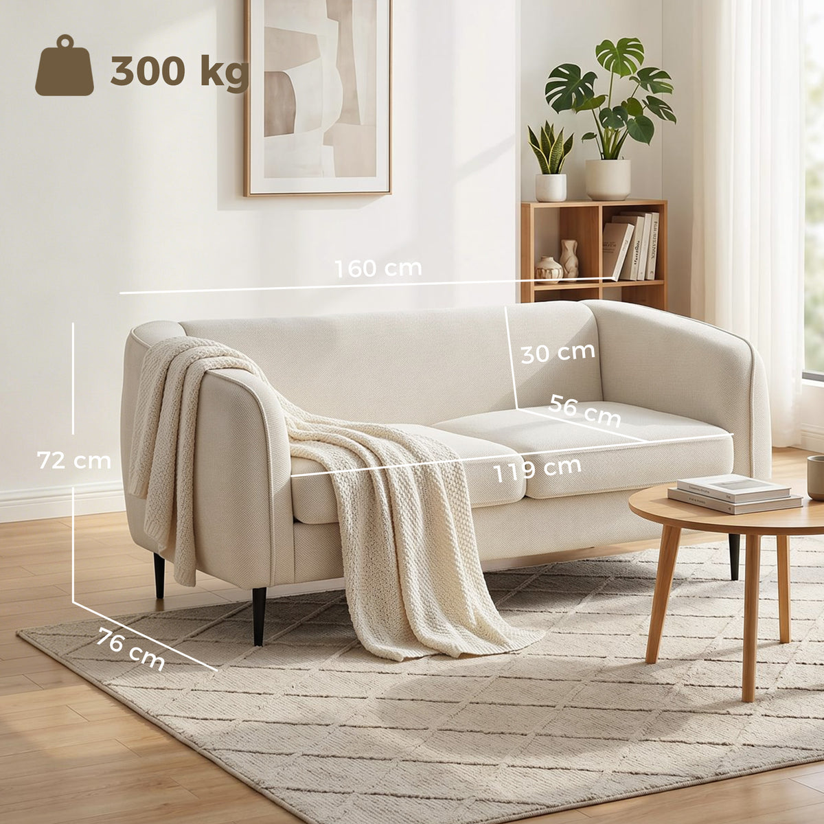 Canapé 2 places en velours, canapé de salon moderne 160 cm, assise large rembourrée, coussin épais à ressorts, beige-2