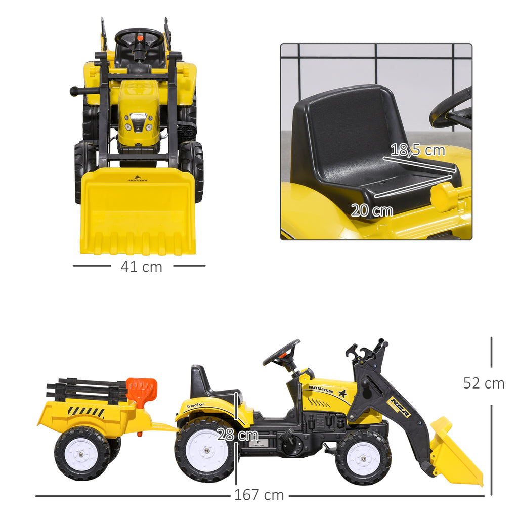 Tracteur à pédales tractopelle avec remorque Pelle et râteau Jeu de Plein air Enfants à partir de 3 Ans Jaune Noir