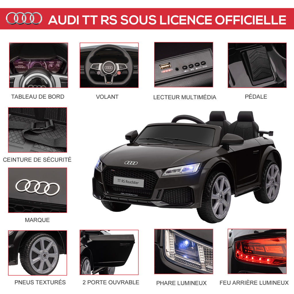 Voiture électrique enfant véhicule électrique enfant Audi TT RS 12 V 30 W V. Max. 3 Km/h télécommande 2,4G Effets sonores + Lumineux Noir