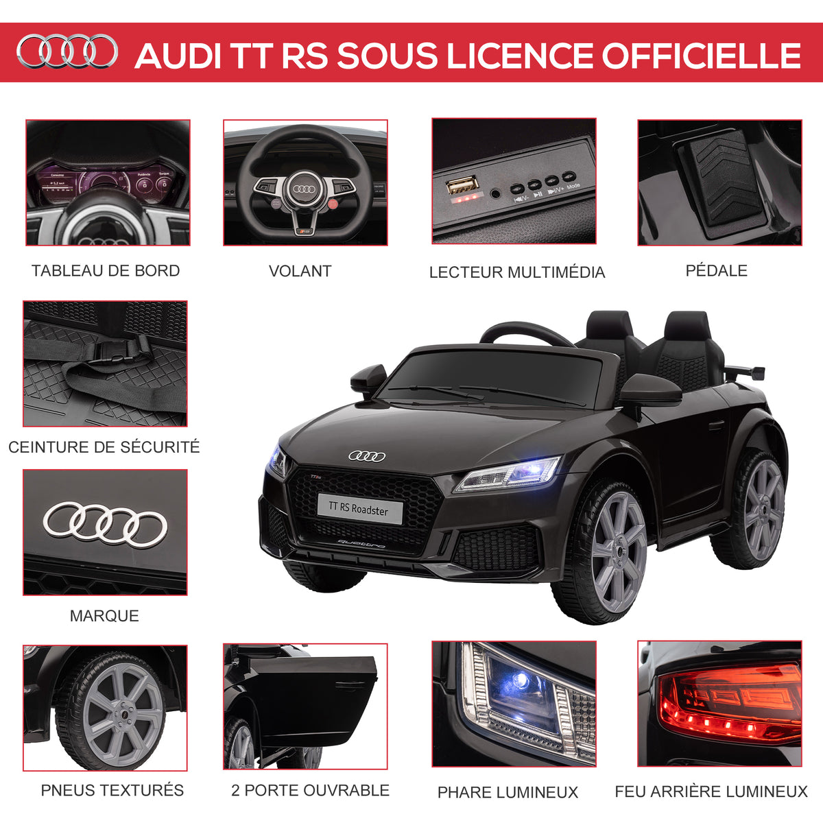 Voiture électrique enfant véhicule électrique enfant Audi TT RS 12 V 30 W V. Max. 3 Km/h télécommande 2,4G Effets sonores + Lumineux Noir