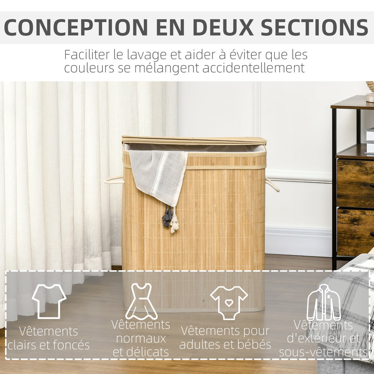 Panier à linge en bambou avec couvercle et poignées capacité 90 litres avec 2 sections et un sac amovible en tissu - 54,2 x 35,2 x 59,5 cm-5